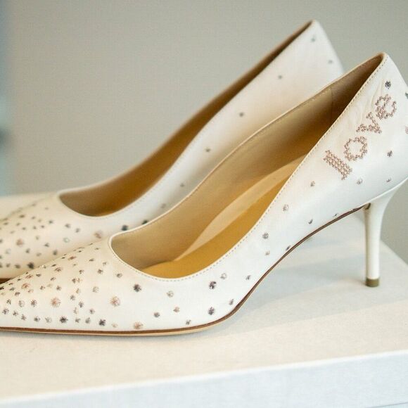 "Love Wins" White Leather Pumps with Sparkles - Picture 3 of 10